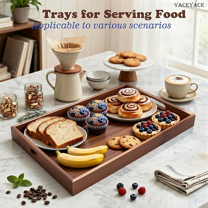 Large Tray for Ottoman Coffee Table, Large Wood Trays for Serving Food, Kitchen Counter, Home Decor, Bathroom, Breakfast, Dining