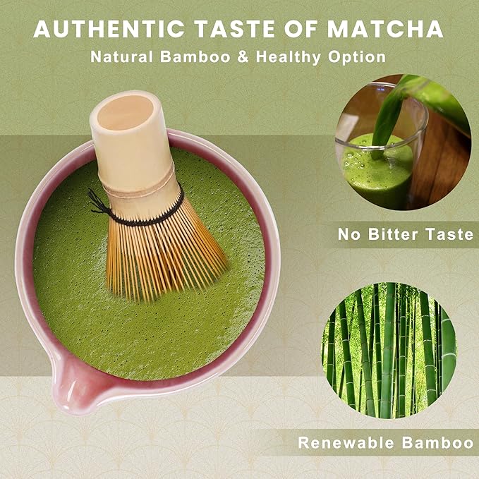 Pink Ceramic Matcha Set, 6 Pcs - Bowl, Whisk (Chasen), Holder, Sifter, Bamboo Scoop & Spoon