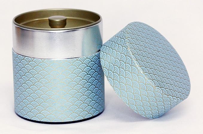 Washi Paper Tea Tin Canister: Wide 5.3oz (150g) SkyBlue Waves with Gold Outlines (#89), Japan