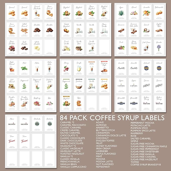 KYONANO 84 Coffee Syrup Labels for Coffee Bar Accessories, Elegant Pattern Décor for Coffee Station, Waterproof Coffee Labels for Coffee Syrup Dispenser & Bottle Organization - Image 6