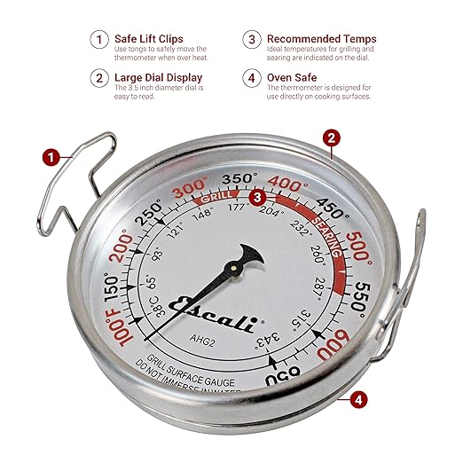 Escali AHG1 Stainless Steel Direct Grill Surface Thermometer, Searing Temperature Zones 100-500F Degree Range NSF Certified