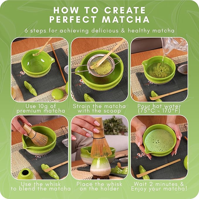 Matcha Whisk Set – Premium 9 Pcs Japanese Set for Tea Lovers - Traditional Kit, Green Matcha Kit Including Bowl (Chawan), Bamboo Whisk and Scoop Holders, Sifter Canister and Straw