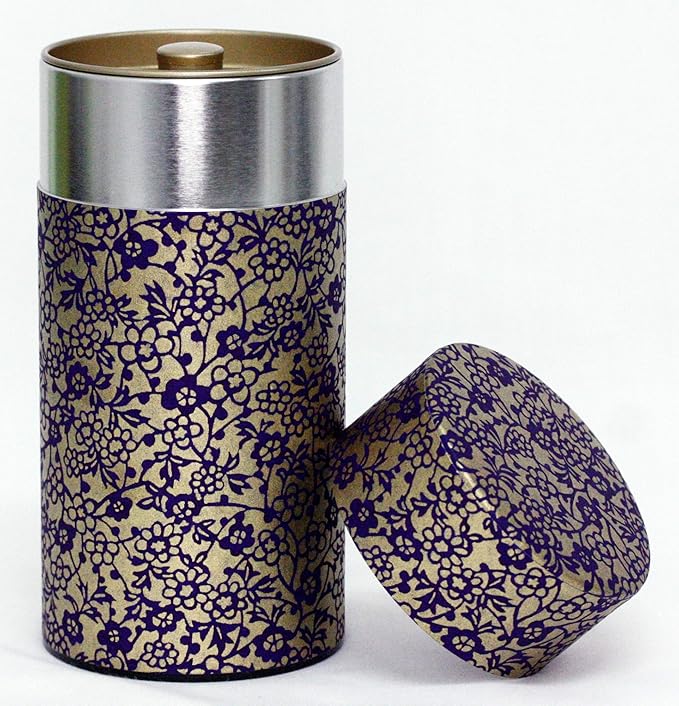 Washi Paper Tea Tin Canister: Long 7oz (200g) Purple and gold Flower & Ivy (#80), Japan