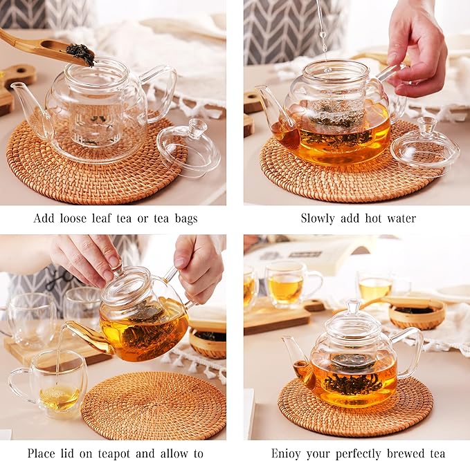CNGLASS Glass Teapot with Removable Infuser,20oz(600ml) Clear Glass Tea Kettle Stovetop Safe,Glass Teapot with Strainer for Blooming and Loose Leaf Tea