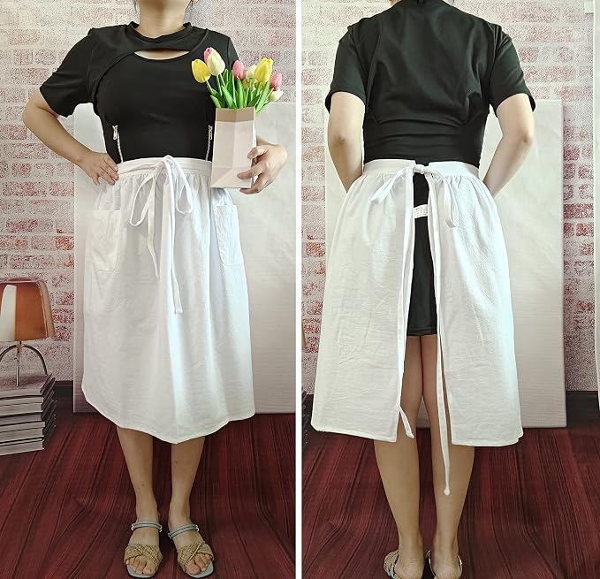 Unisex Chef Aprons White Retro Cotton Maid Short 2 Pockets Waist Waiter Waitress Half Apron - Image 3