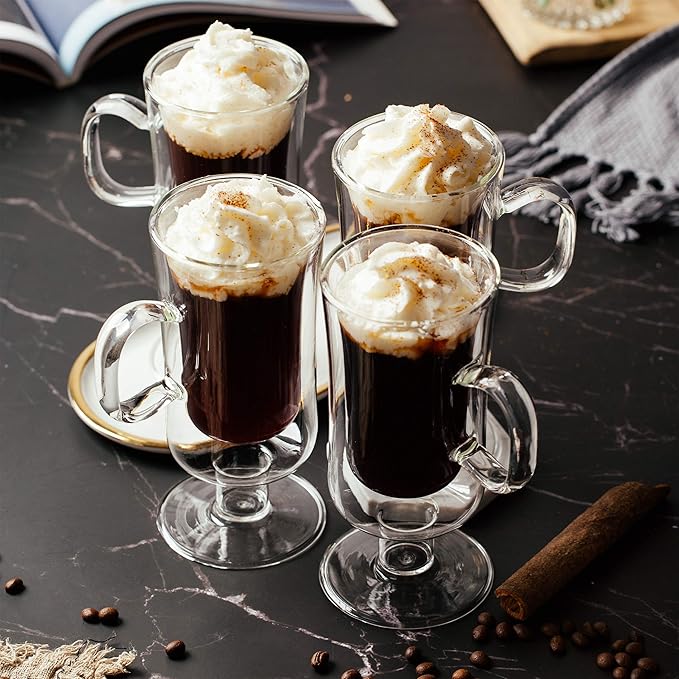 BTaT- Double Walled Glass Irish Coffee Mugs, 10 oz, Set of 4, Glass Coffee Cups with Handle, Insulated Clear Irish Coffee Mug for Hot and Cold Beverages, Cappuccino, Latte, Americano, Microwave Safe