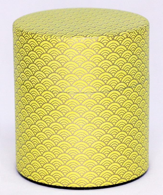 Washi Paper Tea Tin Canister: Wide 5.3oz (150g) Bright Yellow Waves with Gold Outlines (#87), Japan
