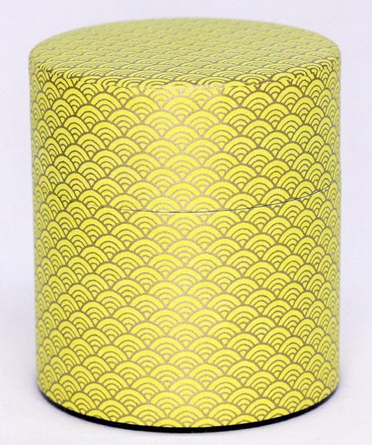 Washi Paper Tea Tin Canister: Wide 5.3oz (150g) Bright Yellow Waves with Gold Outlines (#87), Japan