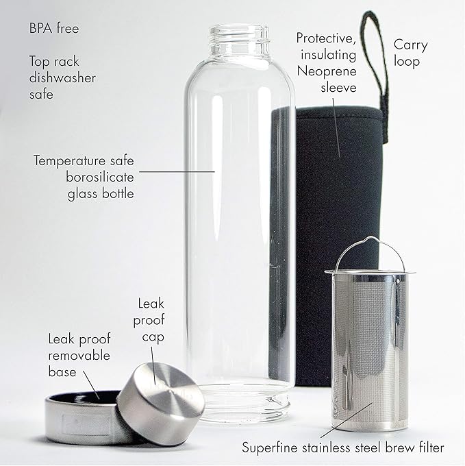 Primula Cold Brew Travel Bottle with Black Insulating Neoprene Sleeve - Borosilicate Glass and Stainless Steel Mesh Core - Dishwasher Safe - 19 Oz. - Clear
