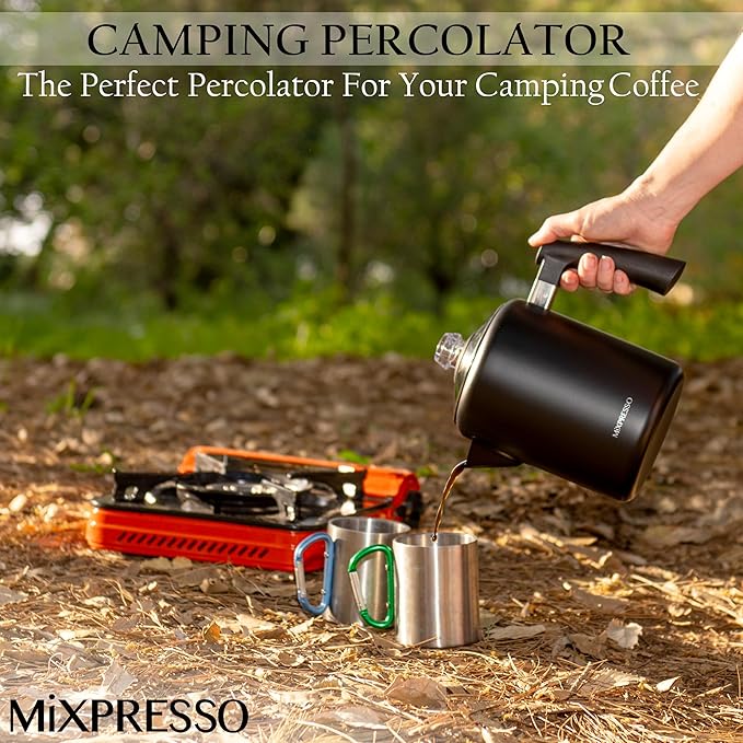 Mixpresso Black Stainless Steel Coffee Percolator Stovetop, 37oz Classic Percolator Coffee Pot, Great For Camping Pot, 5-8 Cup Stove Top Espresso Maker, Cool-Touch Handle