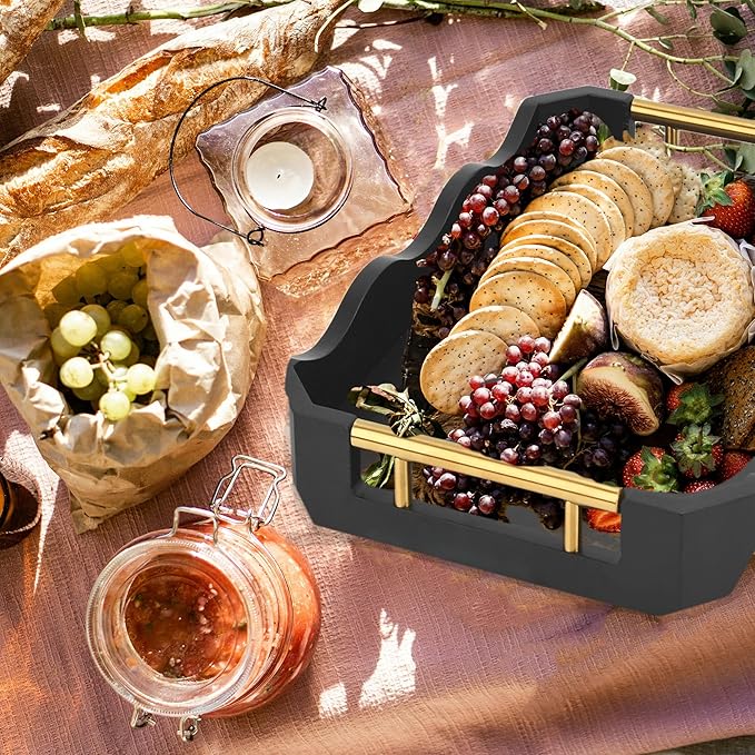2 Pack Bamboo Trays with Handles - Decorative Stackable Ottoman & Serving Trays for Coffee Table, Breakfast in Bed, Couch Snacking, Home Decor (Black)