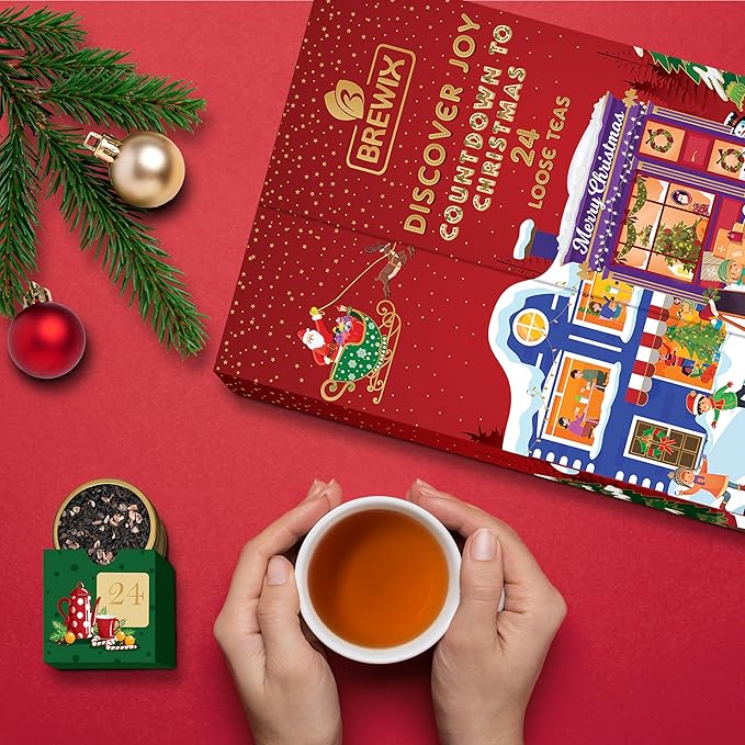 BREWIX, 2025 Advent Calendar Loose Tea Set | 24 Delightful Black & Green Tea Infusions in Golden Tin Caddies - Holiday Gift Box | Advent Calendar 2025 for Adults | Christmas Gift Idea for Tea Lovers, Christmas Countdown Set | Holiday Variety Sampler fo...