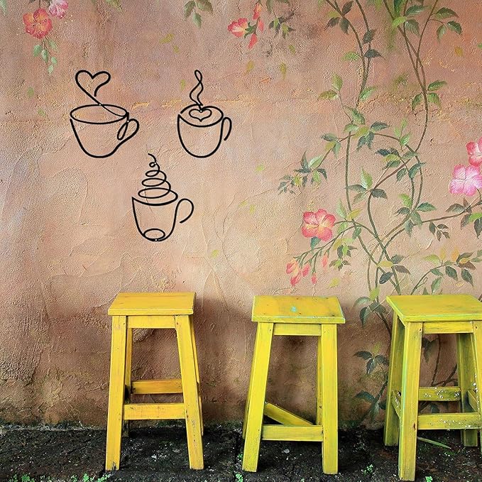 Ferraycle 3 Pieces Coffee Cup Metal Wall Art Wire Coffee Bar Hanging Decor Cafe Themed Vintage Rustic Metal Sign for Kitchen Restaurant Shop Home Office Accessories