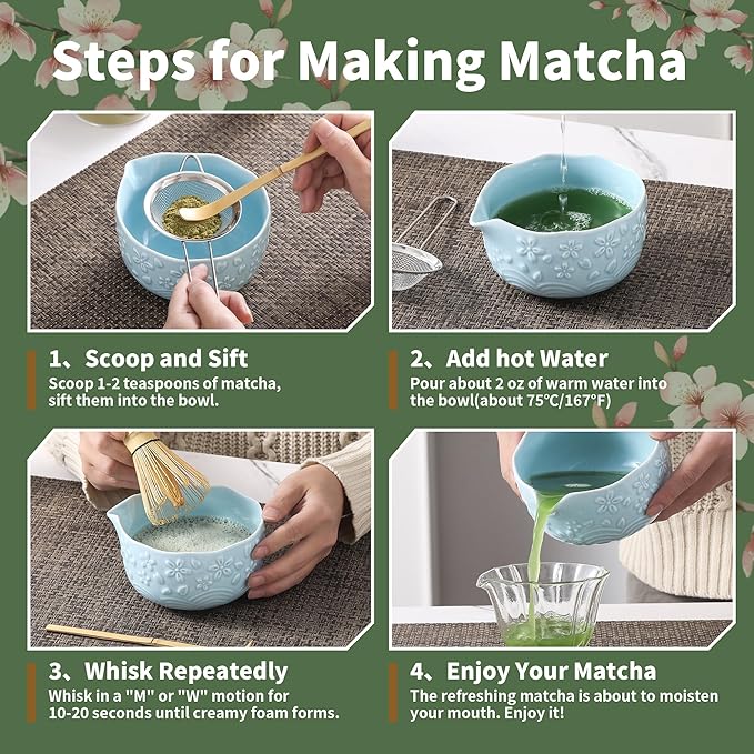 Matcha Whisk Set, 5 Pcs Ceramic Matcha Set, Matcha Kit Set Includes Matcha Bowl, Matcha Whisk and Holder, Bamboo Scoop and Sifter, Matcha Tea Set, Ideal Gift for Family/Friend (Blue)