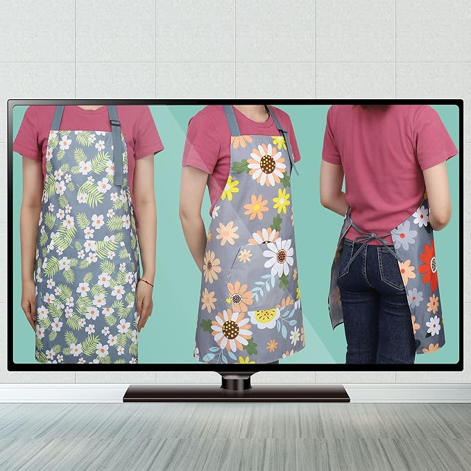 BOUMUSOE 3 Pack Floral Aprons with Pocket, Blooming Womens Aprons | Waterproof Adjustable Cooking Aprons for Kitchen Gardening and Salon - Image 2