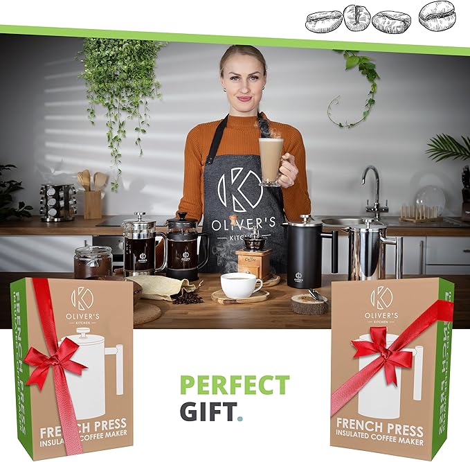 Oliver's Kitchen ® 1 Liter French Press Coffee Maker - A Cafetiere Designed Exclusively for Coffee Lovers - Enjoy Pure Authentic Coffee At Home - Stylish Design with Heat Resistant Thickened Glass