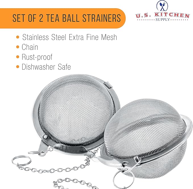 U.S. Kitchen Supply - 2 Premium Stainless Steel Tea Ball Strainer Infusers - 2.1" Size with Extra Fine Mesh - Steep Loose Leaf Tea, Herbal, Spices & Seasonings - Teapot, Tea & Coffee Cup Mug