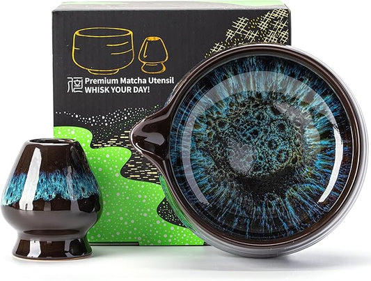 TEANAGOO 2 Pcs Matcha Bowl with Spout,Ceramic 17.2oz/510ml Matcha Bowl Set and Whisk Holder,Blue Matcha Chawan with Stand, Green Tea Mixing Bowl, Gift for Friend/Family