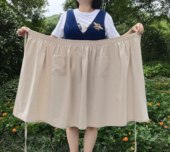 Unisex Chef Aprons White Retro Cotton Maid Short 2 Pockets Waist Waiter Waitress Half Apron - Image 2