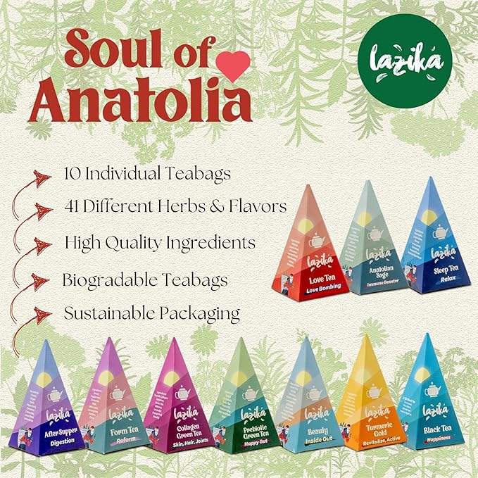 Lazika Tea Sampler with Lovely Presentation Box, 20 Counts, 4 of Each Blend Individually Wrapped, Black, Green and Herbal Tea Variety Gift Set, Premium Collection with Pyramid Infuser Bag, Handcrafted