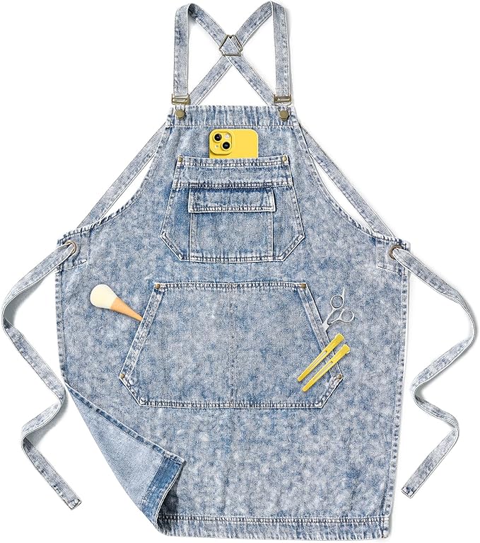Denim Apron with Pockets for Hair Stylist Gardening Craftsmen Barista Women Hairdresser Jean Work Apron Cross Straps