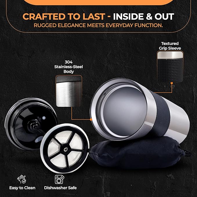 Travel French Press Coffee Maker 15oz Stainless Steel Double-Walled Vacuum Insulated Coffee Mug with Leak-Proof Locking Lid, Keeps Coffee Hot 4 Hrs Portable for Camping, Office, Car, Gifting