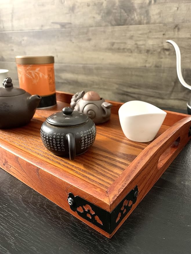 JapanBargain 1608, Wooden Serving Tay with Handle Rectangle Butler Tray Breakfast Lunch Bento Dinner Tray Tea Serving Tray Platter, 16.5 x 10.75 inch