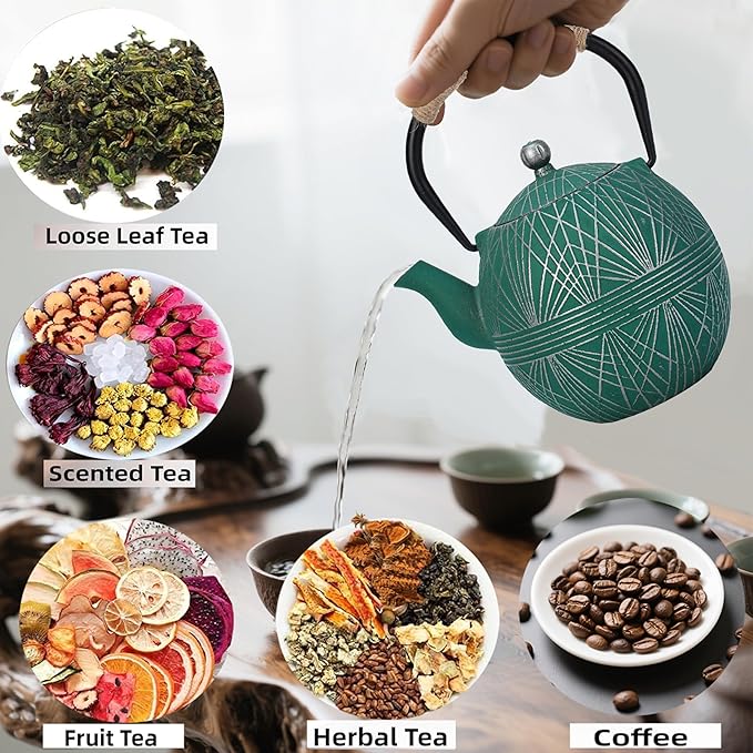 Enameled Cast Iron Teapot 34oz（1000ml） - Japanese Style Kettle with Removable Stainless Infuser & Ergonomic Handle, Stovetop Safe for Loose Leaf Tea Green and silver (Green and silver)