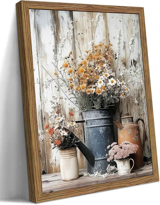 YHCTHT Vintage Framed Country Daisy Wall Art – Farmhouse Pictures Wall Decor Canvas Prints, Blue Watering Can Floral Artwork, Rustic Wall Decor for Living Room Bedroom Bathroom – 16x24in