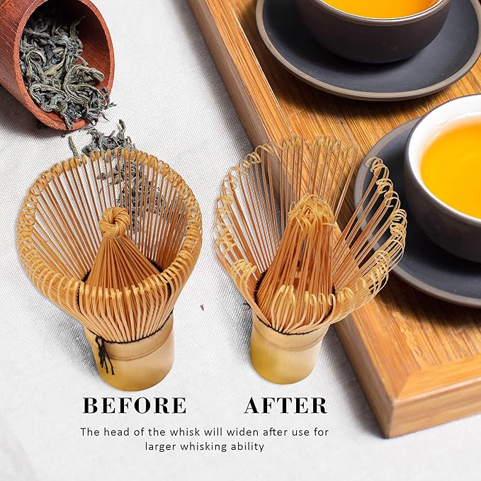 BambooMN Matcha Whisk Set - Golden Chasen (Tea Whisk), Chashaku (Hooked Bamboo Scoop), Tea Spoon - 10 Sets