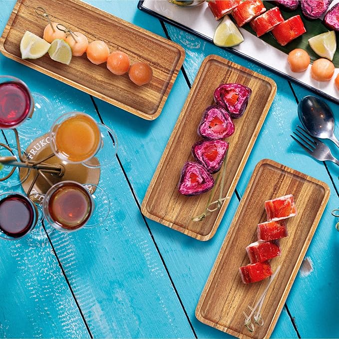 Anyvape Acacia Wood Serving Trays, Set of 3 Wooden Serving Platters for Home Decor, Food, Cheese, Fruit, Vegetables, Charcuterie, Appetizer Serving Tray(14 x 5.47 x 0.78 inches)
