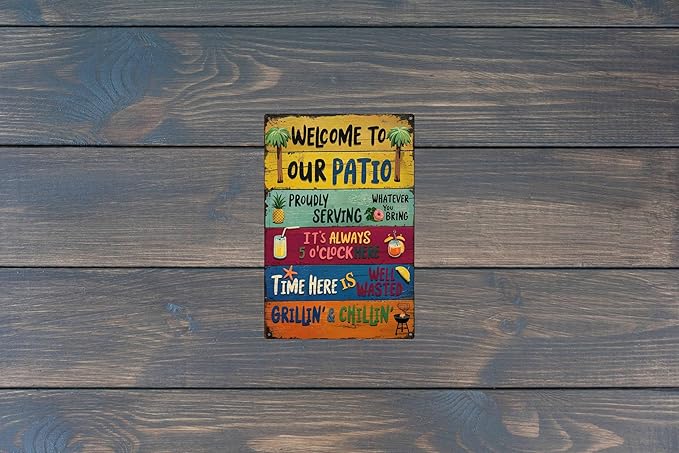 Patio Party Metal Sign 8x12in Retro Bar Plaque for Outdoor Grill Area Backyard Decor Entertaining Gift