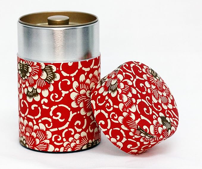 Washi Paper Tea Tin Canister: Long 3.5oz (100g) Fiery Chrysanthemum (#115), Japan