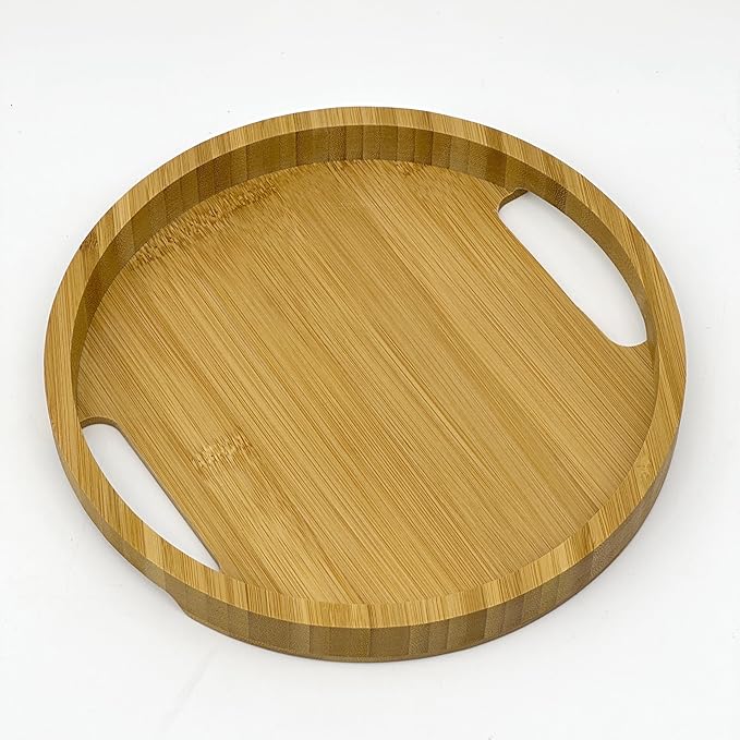 Bam & Boo Round Serving Tray with Handles Natural Bamboo (9") - Food, Storage, Decor for Breakfast, Parties, Weddings, Picnics
