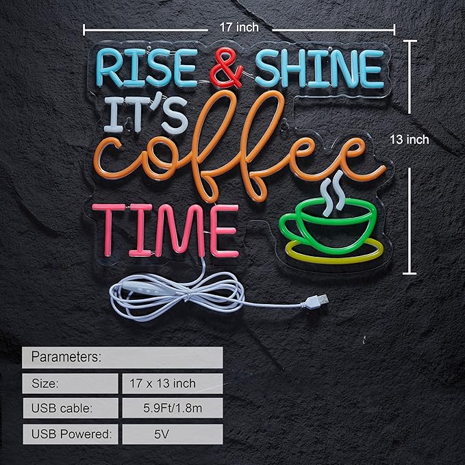 Coffee Bar Sign Rise Shine It's Coffee Time Neon Signs for Wall Décor Dimmable Cafe Station LED Neon Sign Light Decor