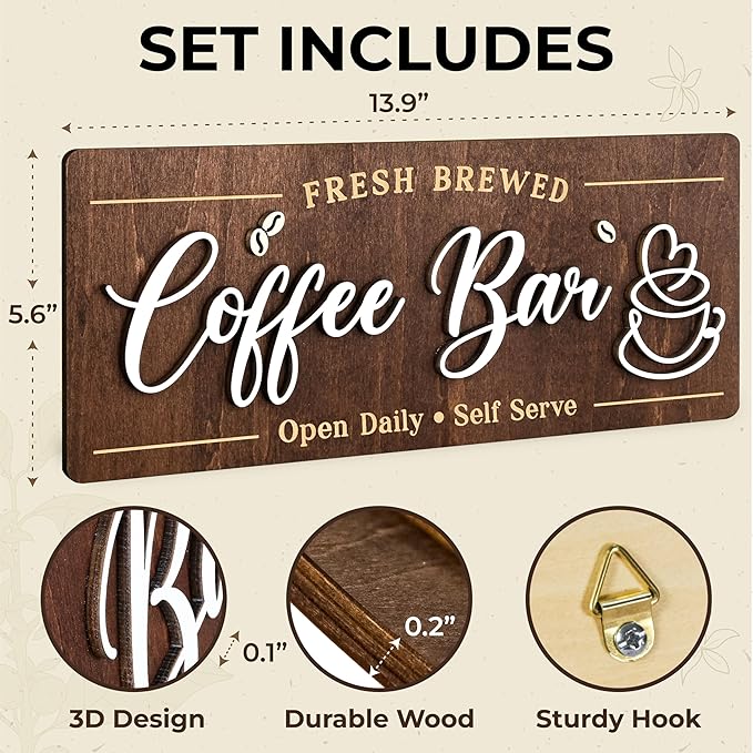 Woodamore Coffee Bar Signs for Wall Decor - Vintage Coffee Accessories for Cafe Station Signs Decorations, Small Farmhouse Cafe Sign for Home Decor Kitchen, Countertop