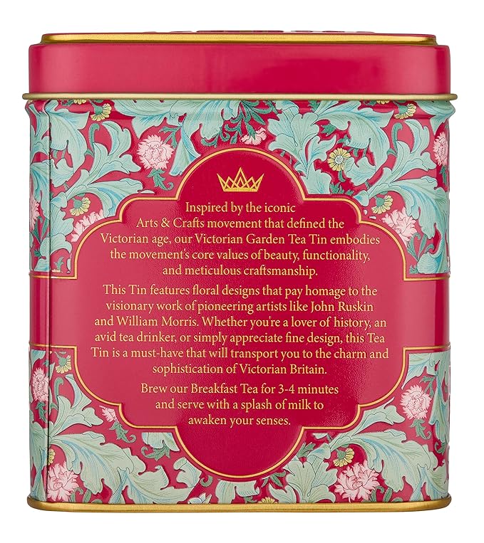 New English Teas Victorian Garden Tea Tin with 32 English Breakfast Teabags – Tapestry Inspired Tin with Decorative Pink Florals