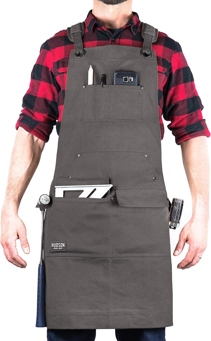 Hudson Durable Goods Woodworking Edition Waxed Canvas Tool Apron for Men and Women, Heavy Duty Work Apron with Front Pockets, Adjustable Padded Straps, Quick Release Buckle, Crossback - One Size, Grey by HudsonDurableGoods