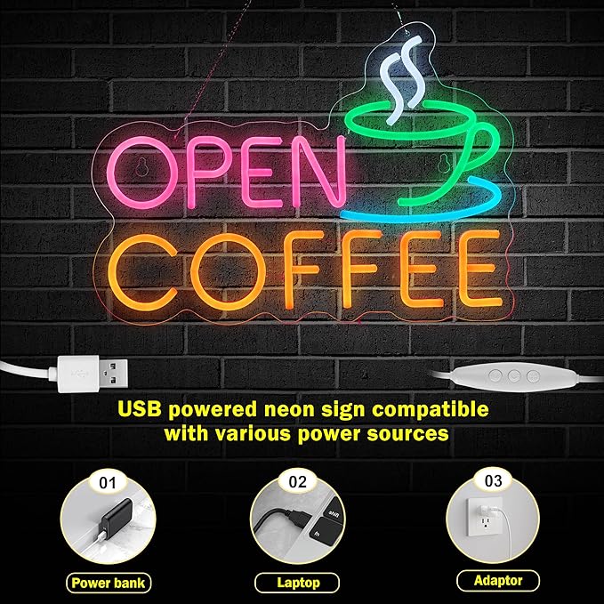 Coffee Open Neon Sign for Coffee Bar Wall Décor Dimmable Business Shop LED Neon Light USB Powered Art Signs Decor