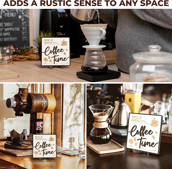 Woodamore Vintage Coffee Sign Decor - Farmhouse Coffee Bar Sign Accessories, Wood Cafe Signs For Kitchen Table Top Decor, Cafe Station Accessories
