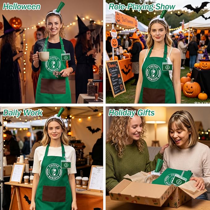 Halloween Coffee Costume Set - Barista Uniforms for Adults | Waterproof Green Aprons, Name Tag, Hairband, Café Attendant Uniform for Adults, Halloween Costume for Party, Role Play Events - Image 6
