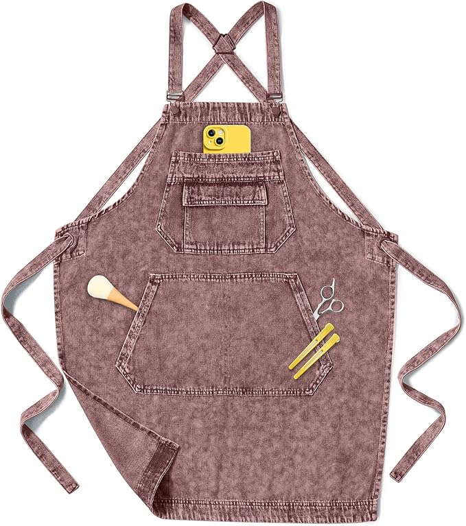 Denim Apron with Pockets for Hair Stylist Gardening Craftsmen Barista Women Hairdresser Jean Work Apron Cross Straps