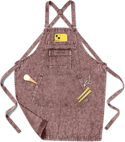 Denim Apron with Pockets for Hair Stylist Gardening Craftsmen Barista Women Hairdresser Jean Work Apron Cross Straps