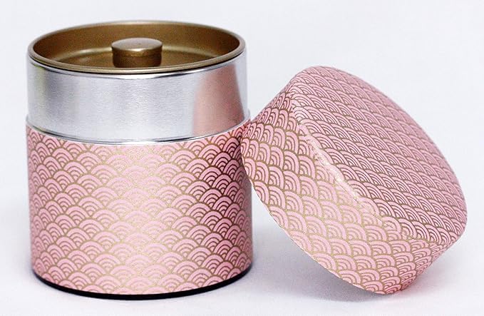 Washi Paper Tea Tin Canister: Wide 3.5oz (100g) Baby Pink Waves with Gold Outlines (#90), Japan