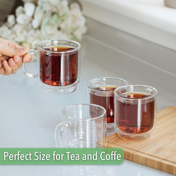 BTaT- Double Walled Stackable Espresso Cups, 5 oz, Set of 4, Clear Coffee Mugs, Double Wall Insulated Espresso Cups, Coffee Mugs for Tea, Lattes, Hot & Cold Beverages