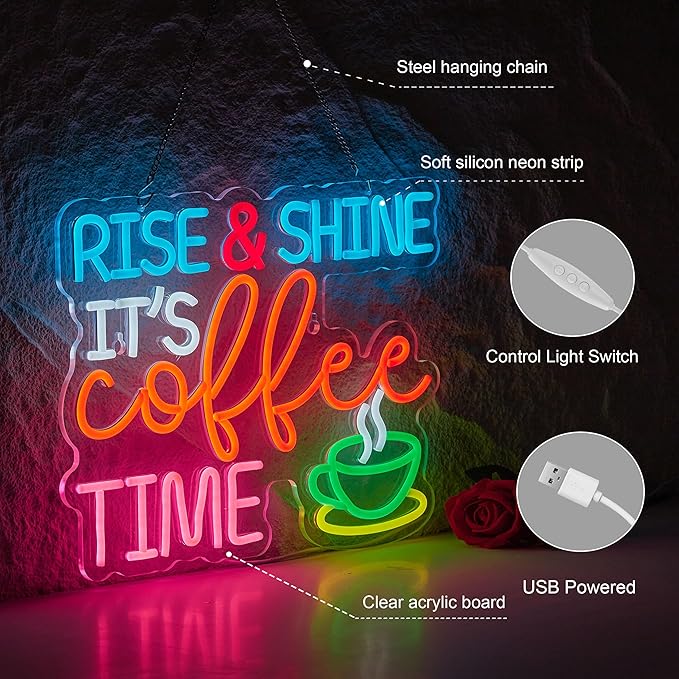 Coffee Bar Sign Rise Shine It's Coffee Time Neon Signs for Wall Décor Dimmable Cafe Station LED Neon Sign Light Decor