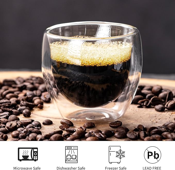 Espresso Cups Set of 2, 5 Oz(150 ml) Expresso Shots Glass Cup, Double Walled Glass Coffee Cups,Fit for Espresso Machine and Coffee Maker, Insulated Clear Espresso Shot Glasses Cups Gifts for Man Women