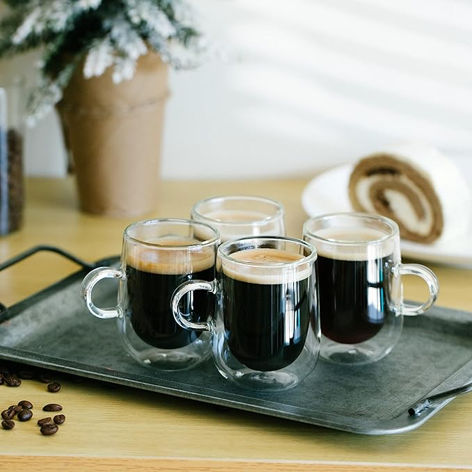 BTaT- Double Walled Espresso Cups, 5 oz, Set of 4, Clear Coffee Mugs, Double Wall Insulated Espresso Cups, Small Coffee Mugs for Tea, Lattes, Macchiatos, Hot & Cold Beverages
