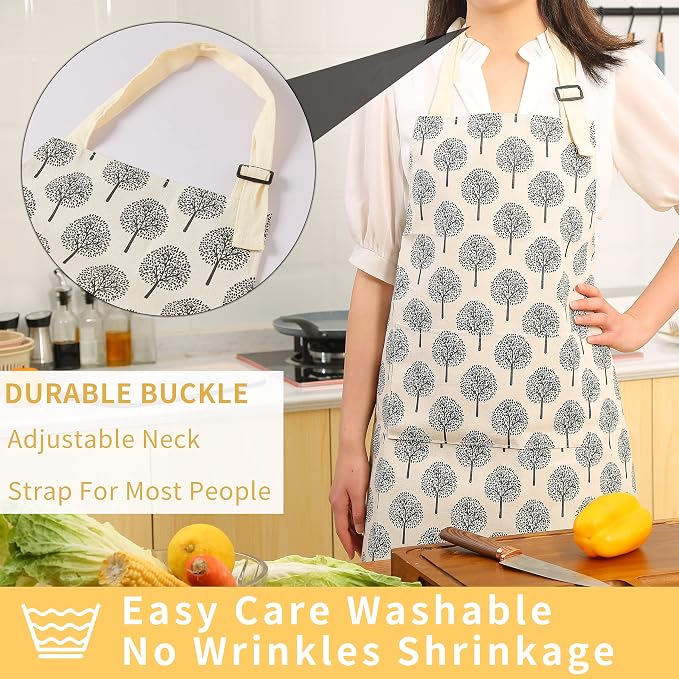 Tosewever 2 Pieces Cotton Linen Waterproof Bib Apron with 2 Pockets - Long Ties Adjustable Neck Strap - Unisex Cooking Kitchen Decorative Pattern Aprons for Women Chef (Triangle/Tree, 2) - Image 4
