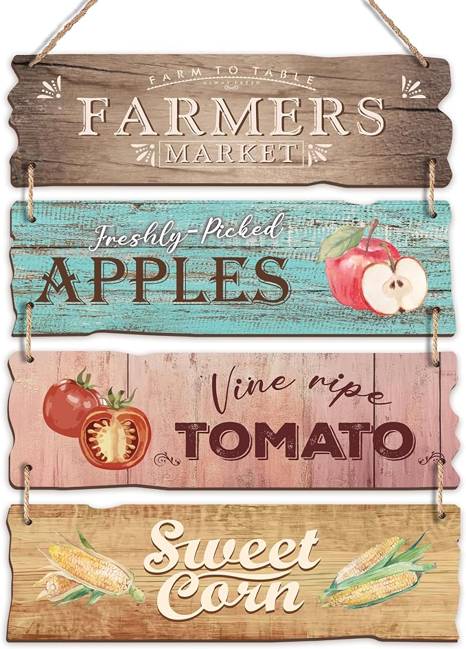4 Pcs Wooden Signs For Farmers' Markets, Signs For Fresh Food In Farmers' Markets, Kitchen And Cafe Bar Decorations, Wall Decorations Artwork,Rustic Wooden Decorative Gifts-01 by HandEasy
